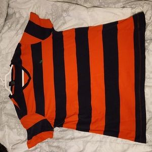 U.S Polo Assn. Stripe V Neck T Shirt Navy Blue And Orange with Green Logo